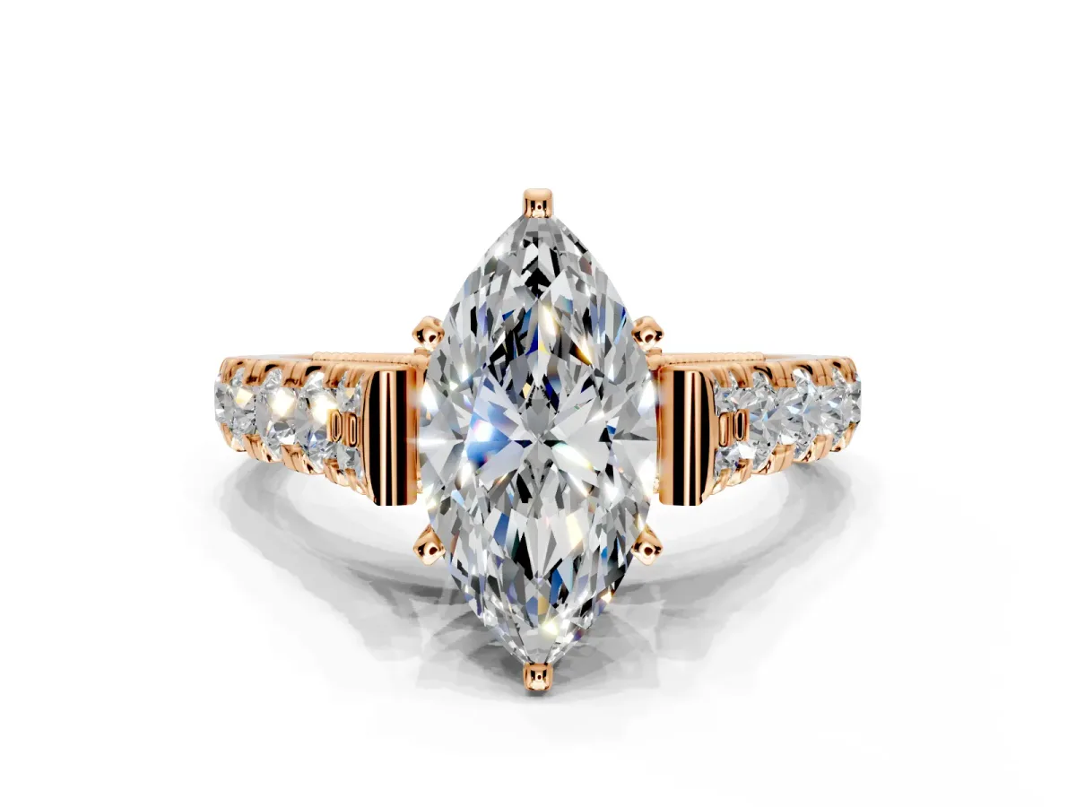 Solitaire Engagement Ring Setting for Marquise Center with Pave Cathedral Shoulders and Prong Head in Rose Gold