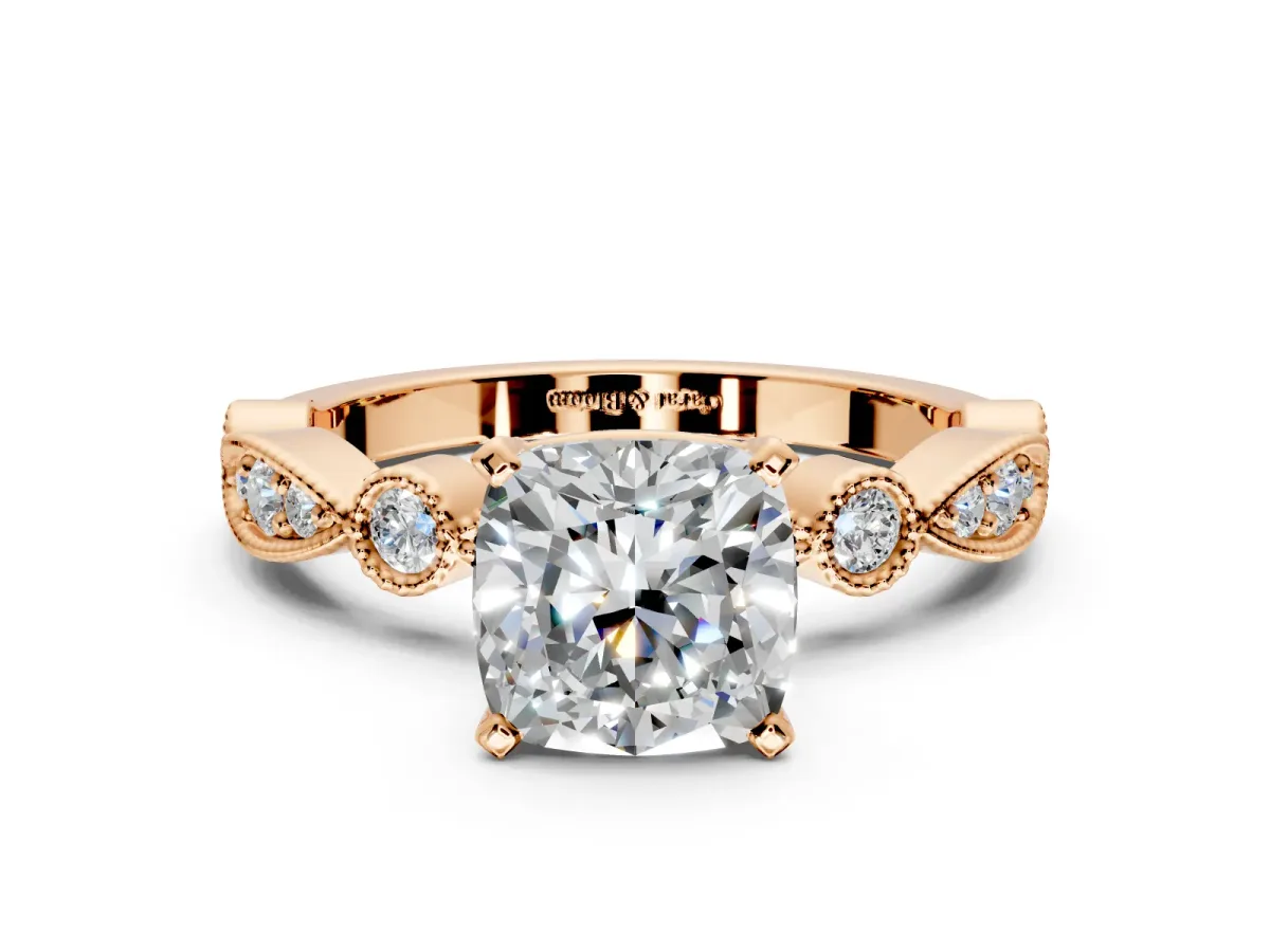 Solitaire Engagement Ring Setting for Cushion Cut Center with Milgrain Bezel Accents and Prong Head in Rose Gold