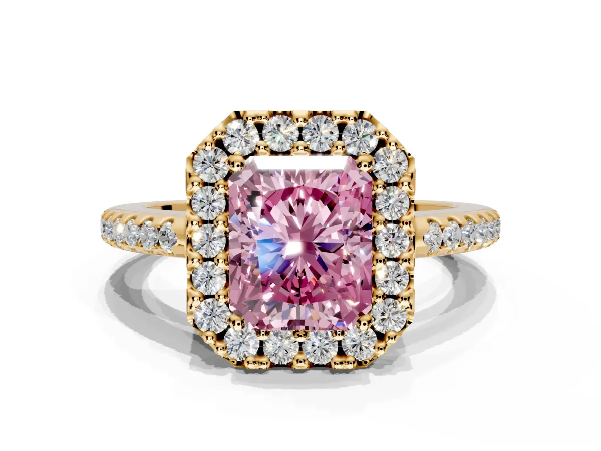 Pave Halo Engagement Ring Setting for Fancy Pink Radiant Cut Center with Single Row Pave Band and Prong Head in Yellow Gold
