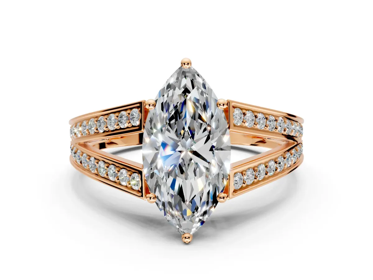 Split Shank Engagement Ring Setting for Marquise Center with Pave Split Shank and Prong Head in Rose Gold