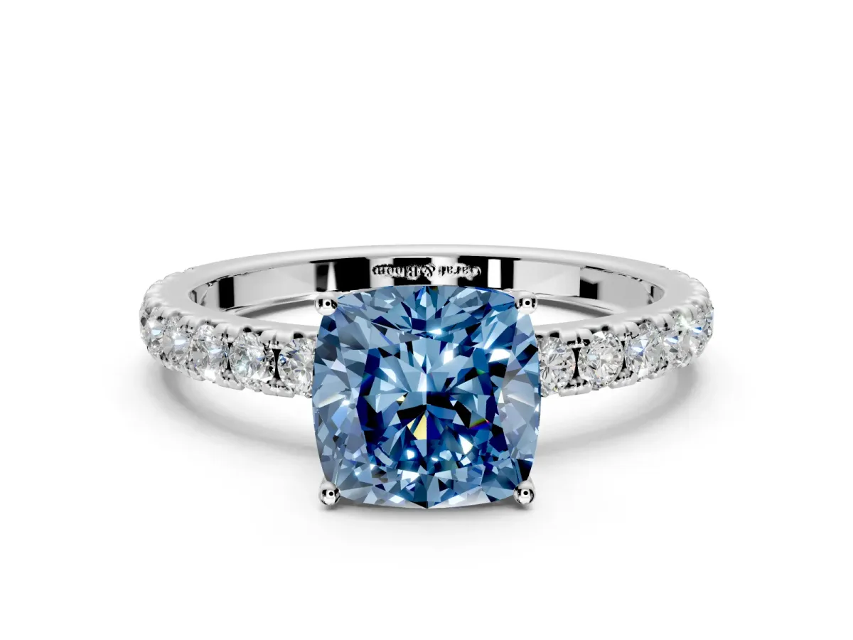 Solitaire Engagement Ring Setting for Fancy Blue Cushion Cut Center with Large Accent Band and Prong Head in Sterling Silver