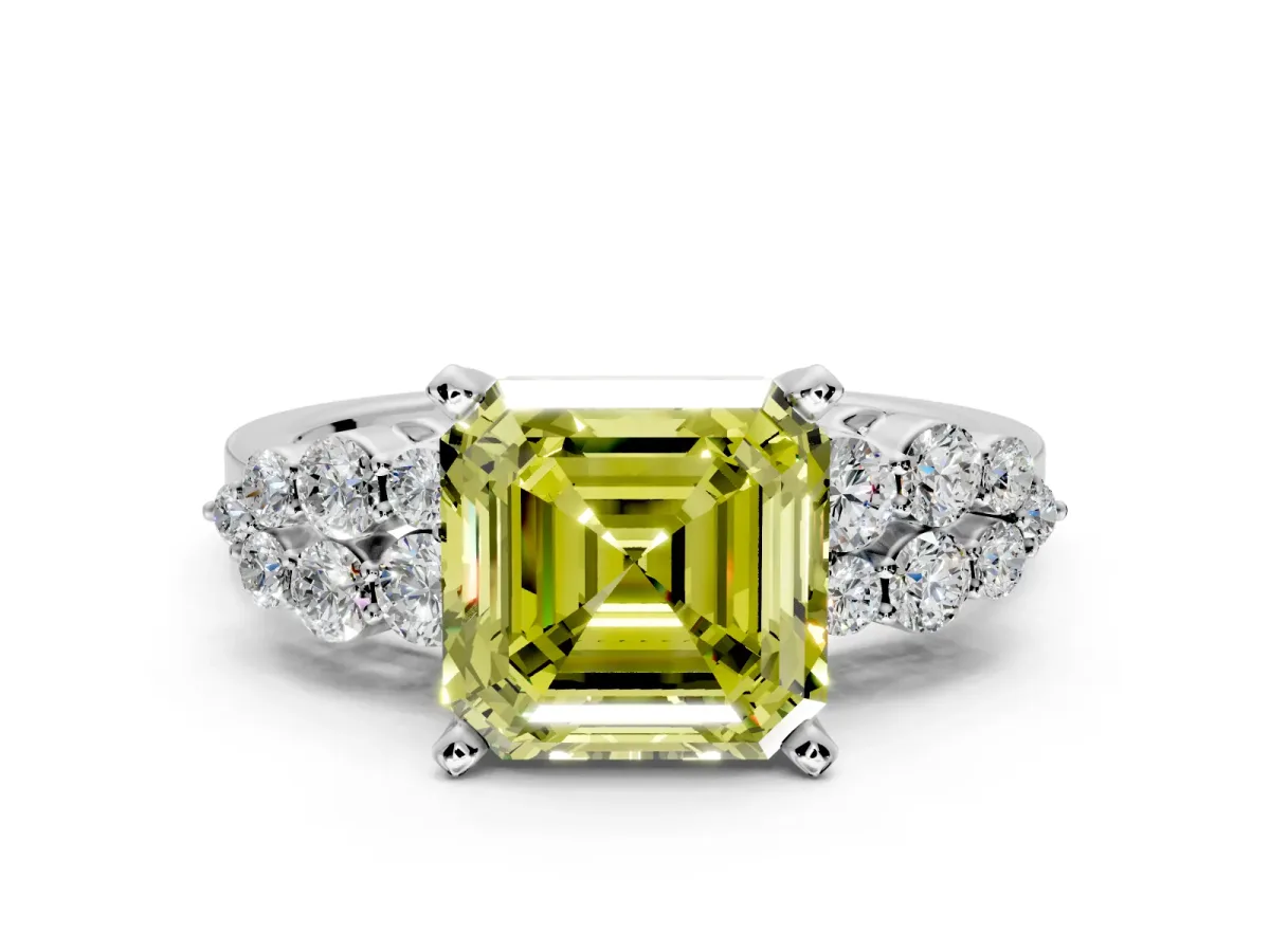 Cluster Engagement Ring Setting for Fancy Yellow Asscher Cut Center with 2-Row Shoulder Clusters and Prong Head in Platinum