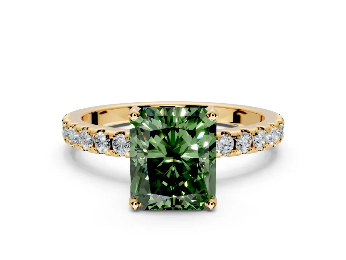 Solitaire Engagement Ring Setting for Fancy Green Radiant Cut Center with Band of Accents and Prong Head in Yellow Gold