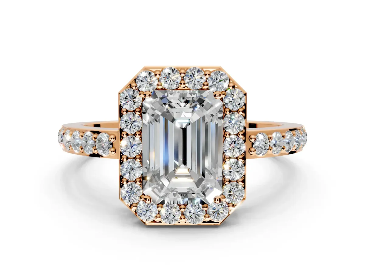 Halo Engagement Ring Setting for Emerald Cut Center with Heart-Shaped Openwork, Pave Band and Prong Head in Rose Gold
