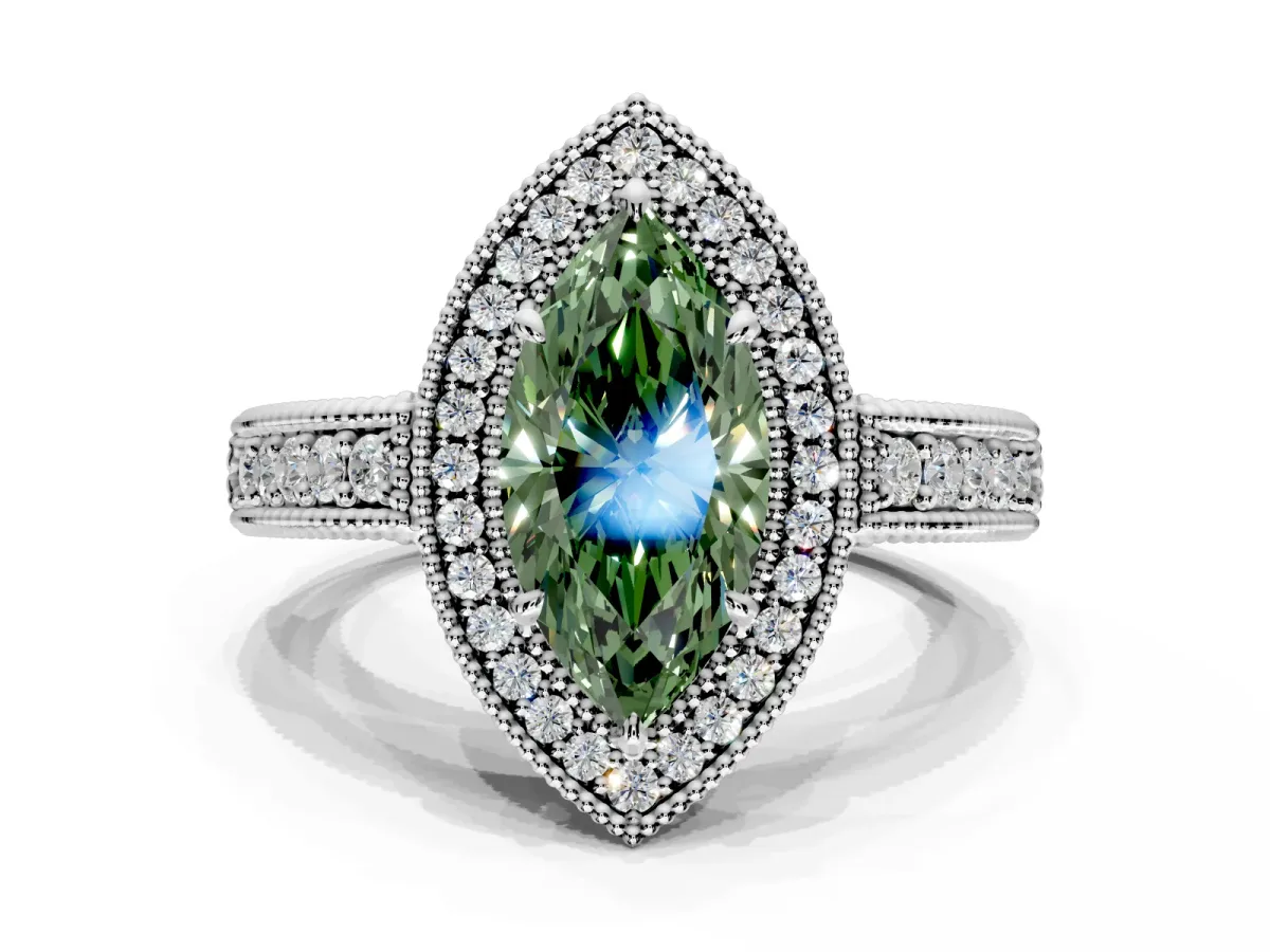 Milgrain Halo Engagement Ring Setting for Fancy Green Marquise Center with Pave Band and Prong Head in White Gold