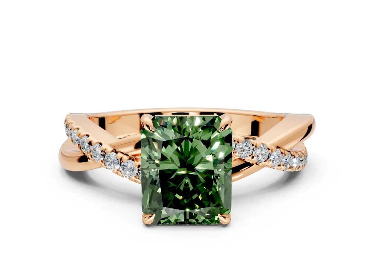 Crossover Engagement Ring Setting for Fancy Green Radiant Cut Center with Pave and Plain Strands and Prong Head in Rose Gold