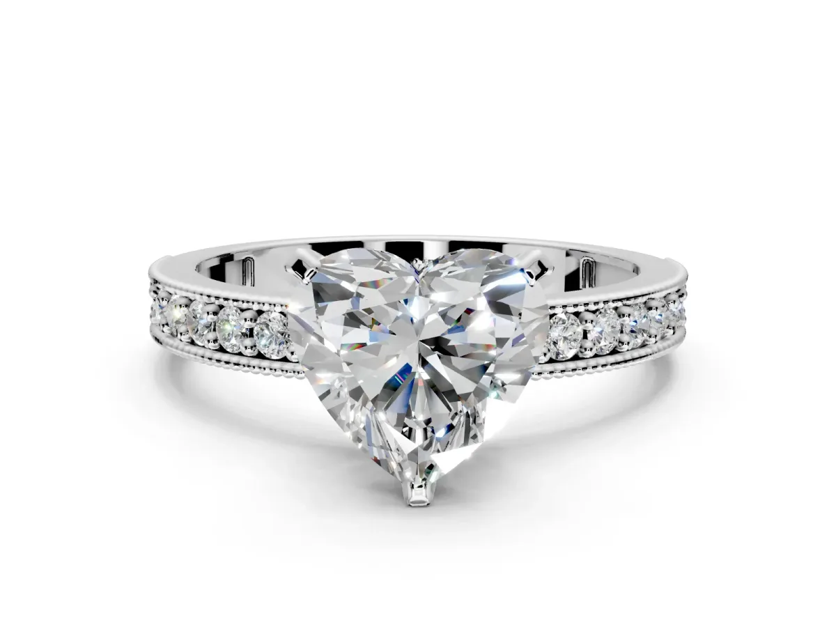 Milgrain Pave Engagement Ring Setting for Heart-Shaped Center with Accent Band and Prong Head in White Gold