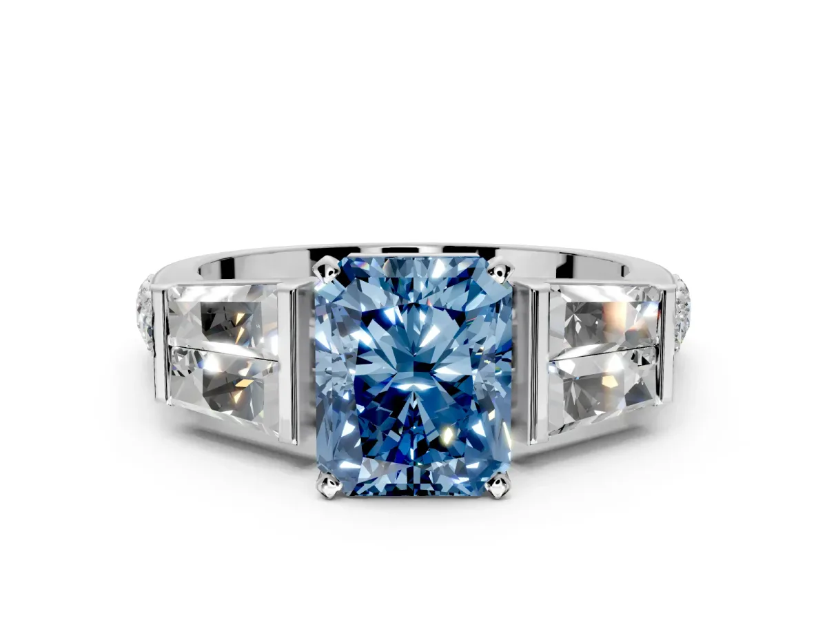 Channel-Set Engagement Ring Setting for Fancy Blue Radiant Cut Center with Baguette Band and Prong Head in Platinum