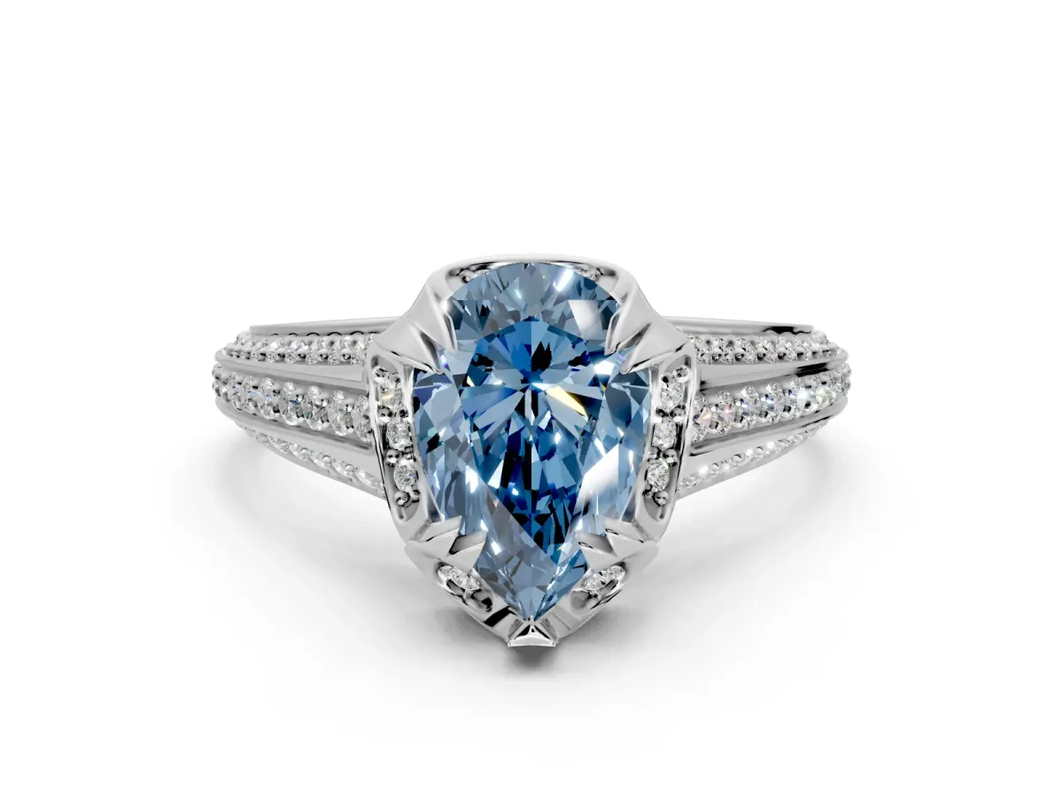 Solitaire Engagement Ring Setting for Fancy Blue Pear-Shaped Center with Accented Split Shank and Prong Head in Sterling Silver