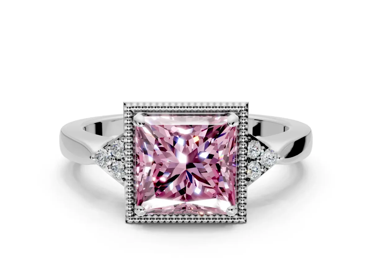 Cluster Engagement Ring Setting for Fancy Pink Princess Cut Center with Milgrain Shoulder Clusters and Prong Head in White Gold