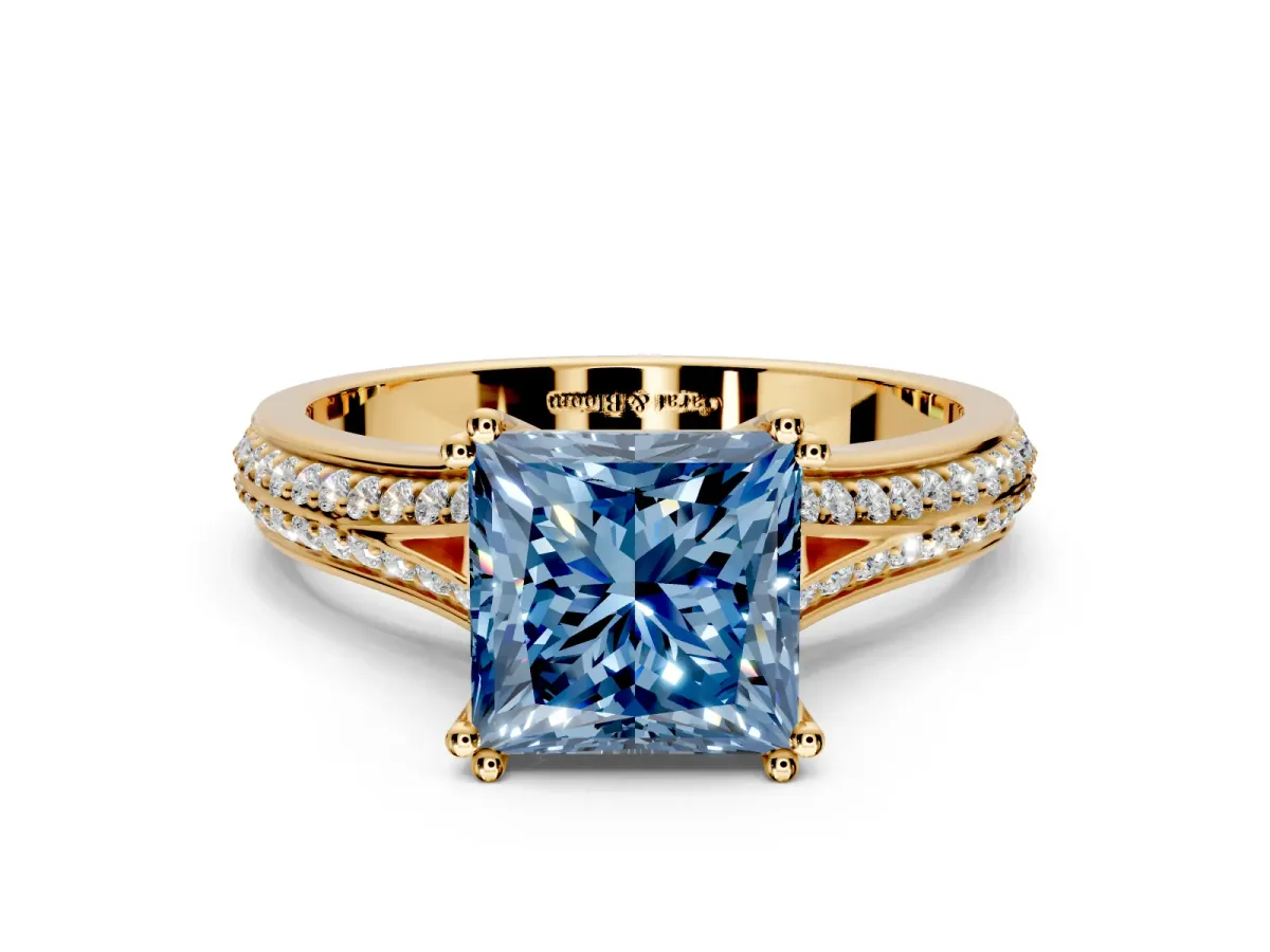 Solitaire Engagement Ring Setting for Fancy Blue Princess Cut Center with Pave Rail Split Shank and Prong Head in Yellow Gold
