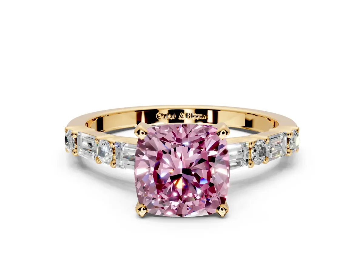 Baguette Engagement Ring Setting for Fancy Pink Cushion Cut Center with Alternating Bar-Set Band and Prong Head in Yellow Gold