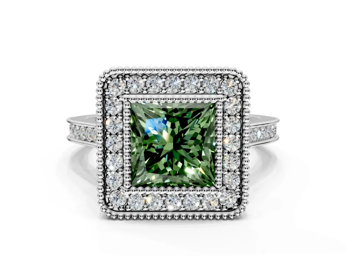 Halo Engagement Ring Setting for Fancy Green Princess Cut Center with Milgrain Frame, Pave Band and Prong Head in White Gold