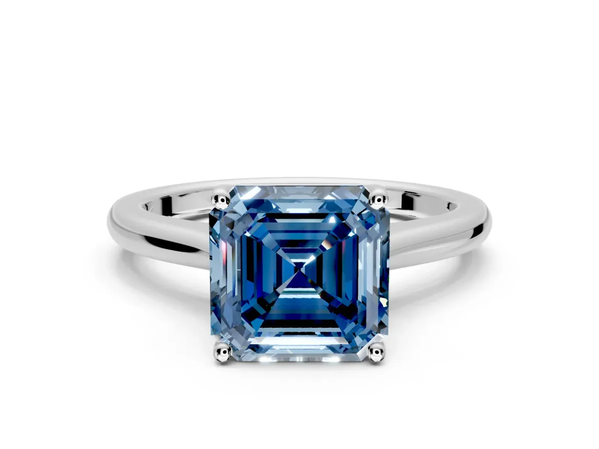 Solitaire Engagement Ring Setting for Fancy Blue Asscher Cut Center with Narrow Cathedral Band and Prong Head in Platinum