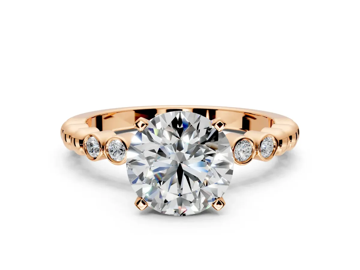 Solitaire Engagement Ring Setting for Round Cut Center with Bezel-Dot Beaded Band and Prong Head in Rose Gold