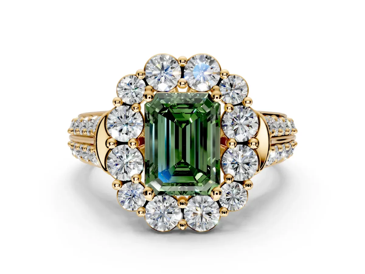 Large Accent Halo Engagement Ring Setting for Fancy Green Emerald Cut Center with Pave Split Shank and Prong Head in Yellow Gold