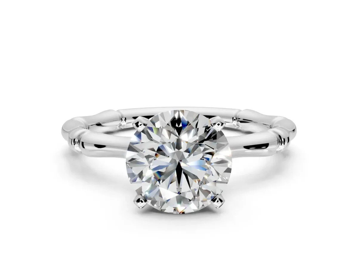 Solitaire Engagement Ring Setting for Round Cut Center with Bamboo Band and Prong Head in White Gold