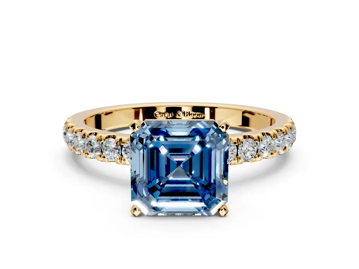 Open Basket Engagement Ring Setting for Fancy Blue Asscher Cut Center with Pave Band and Prong Head in Yellow Gold