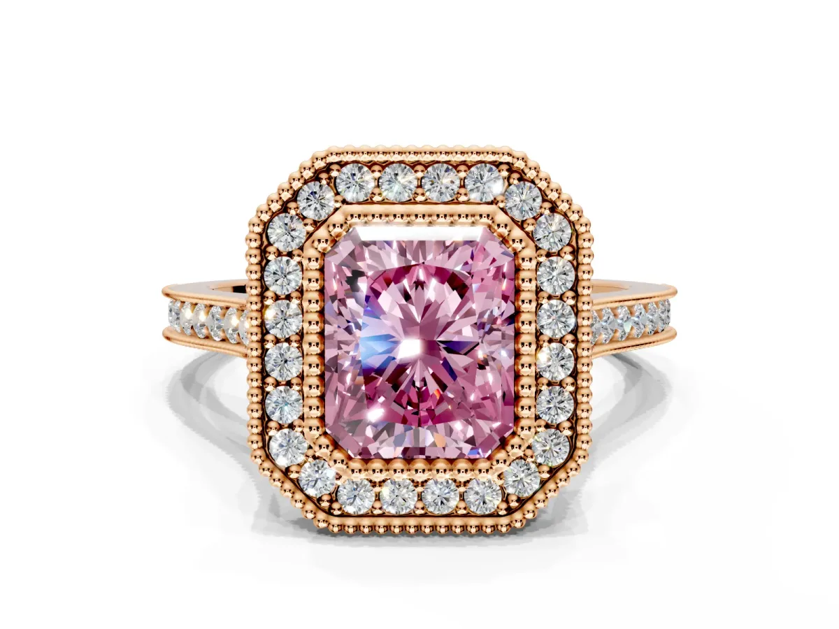 Halo Engagement Ring Setting for Fancy Pink Radiant Cut Center with Milgrain Frame, Pave Band and Prong Head in Rose Gold