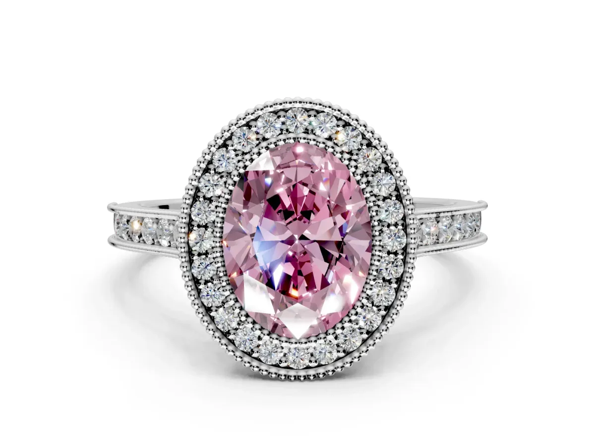 Halo Engagement Ring Setting for Fancy Pink Oval Center with Milgrain Pave Band and Bezel Head in Sterling Silver