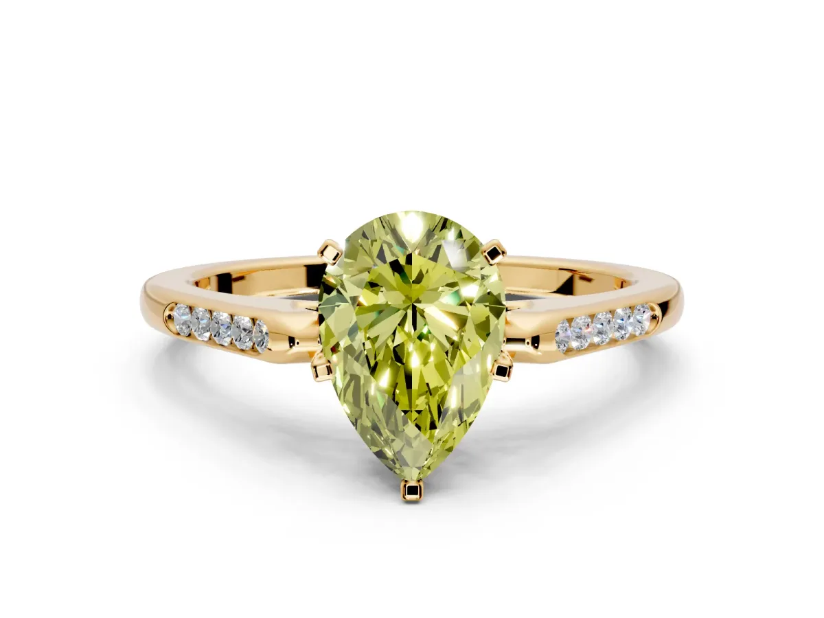 Solitaire Engagement Ring Setting for Fancy Yellow Pear-Shaped Center with Channel Accents and Prong Head in Yellow Gold