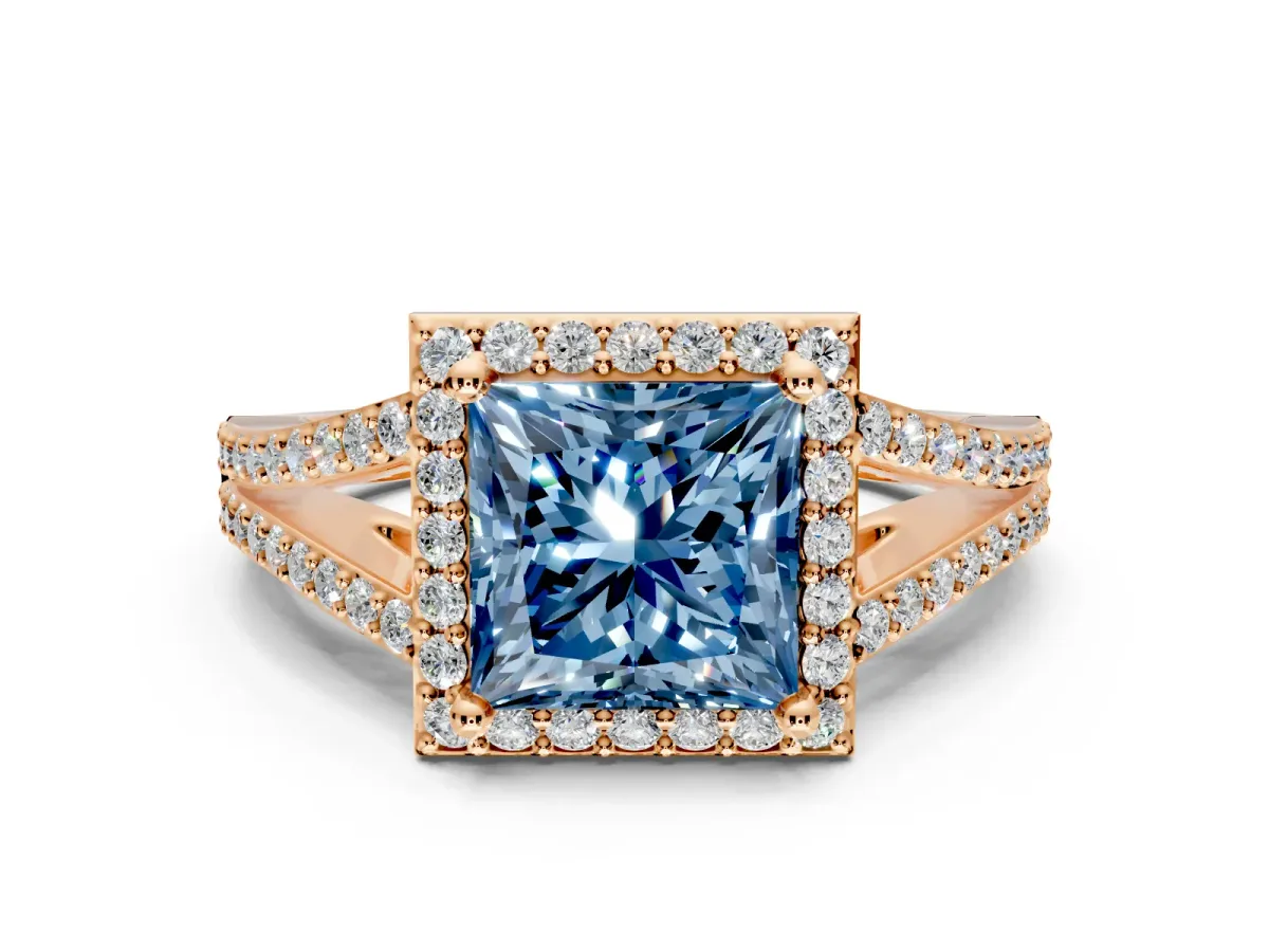 Halo Engagement Ring Setting for Fancy Blue Princess Cut Center with Pave Split Shank and Prong Head in Rose Gold