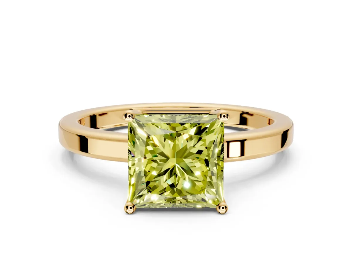 Hidden Halo Engagement Ring Setting for Fancy Yellow Princess Cut Center with Wide Flat Plain Band and Prong Head in Yellow Gold