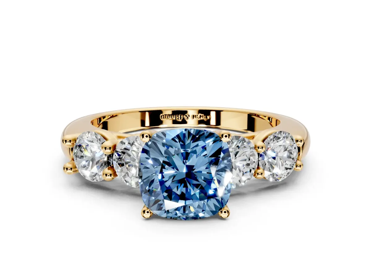 5 Stone Engagement Ring Setting for Fancy Blue Cushion Cut Center with Graduated Accents and Prong Head in Yellow Gold