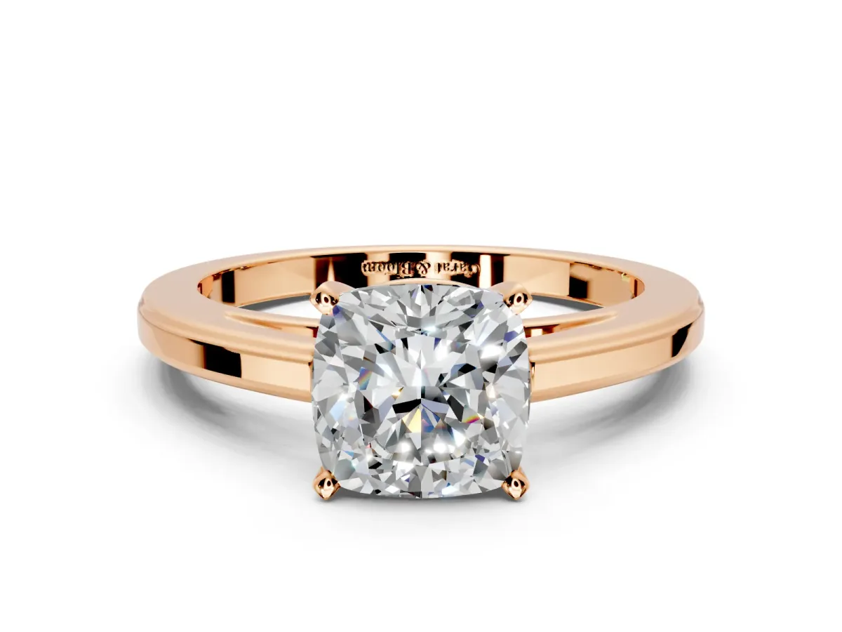 Solitaire Engagement Ring Setting for Cushion Cut Center with Flat-Sided Plain Band and Prong Head in Rose Gold