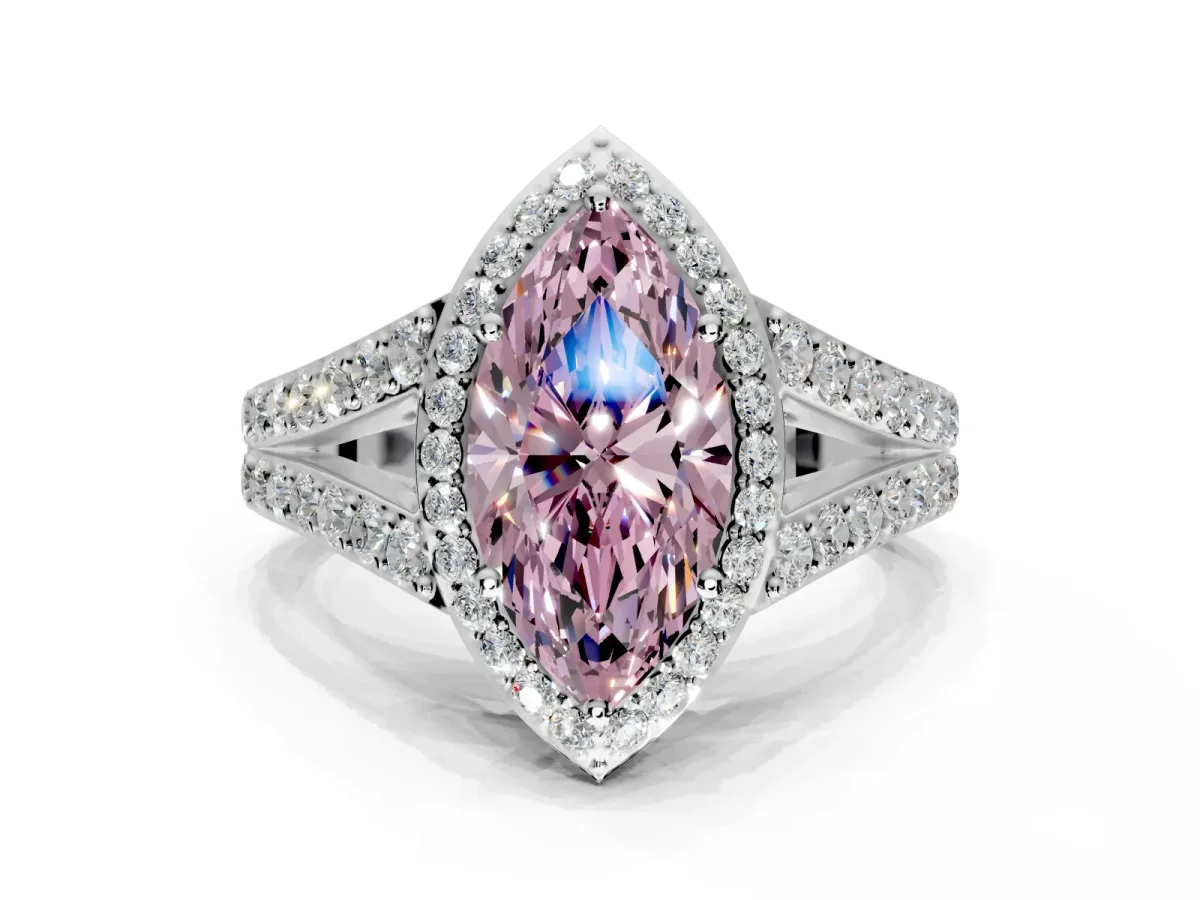 Halo Engagement Ring Setting for Fancy Pink Marquise Center with Narrow Pave Split Shank and Prong Head in Sterling Silver