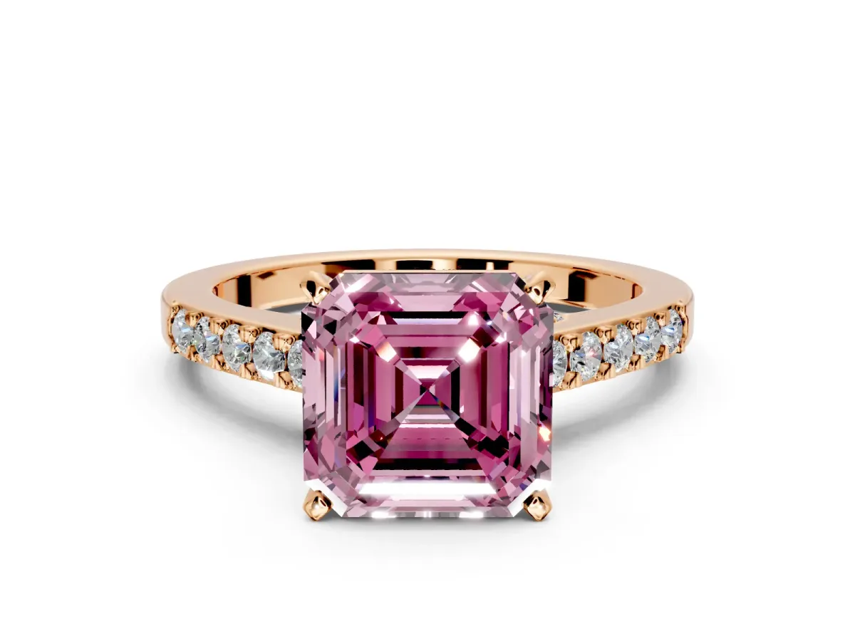 Solitaire Engagement Ring Setting for Fancy Pink Asscher Cut Center with Crossover Accents and Prong Head in Rose Gold