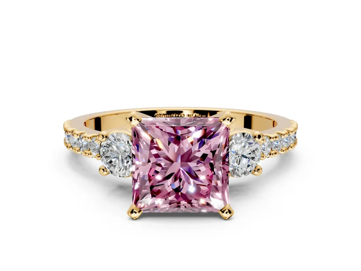 3 Stone Engagement Ring Setting for Fancy Pink Princess Cut Center with Round Cut Side Accents and Prong Head in Yellow Gold