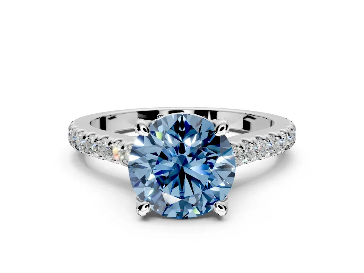 Solitaire Engagement Ring Setting for Fancy Blue Round Cut Center with Widening Pave Band and Claw Prong Head in Sterling Silver