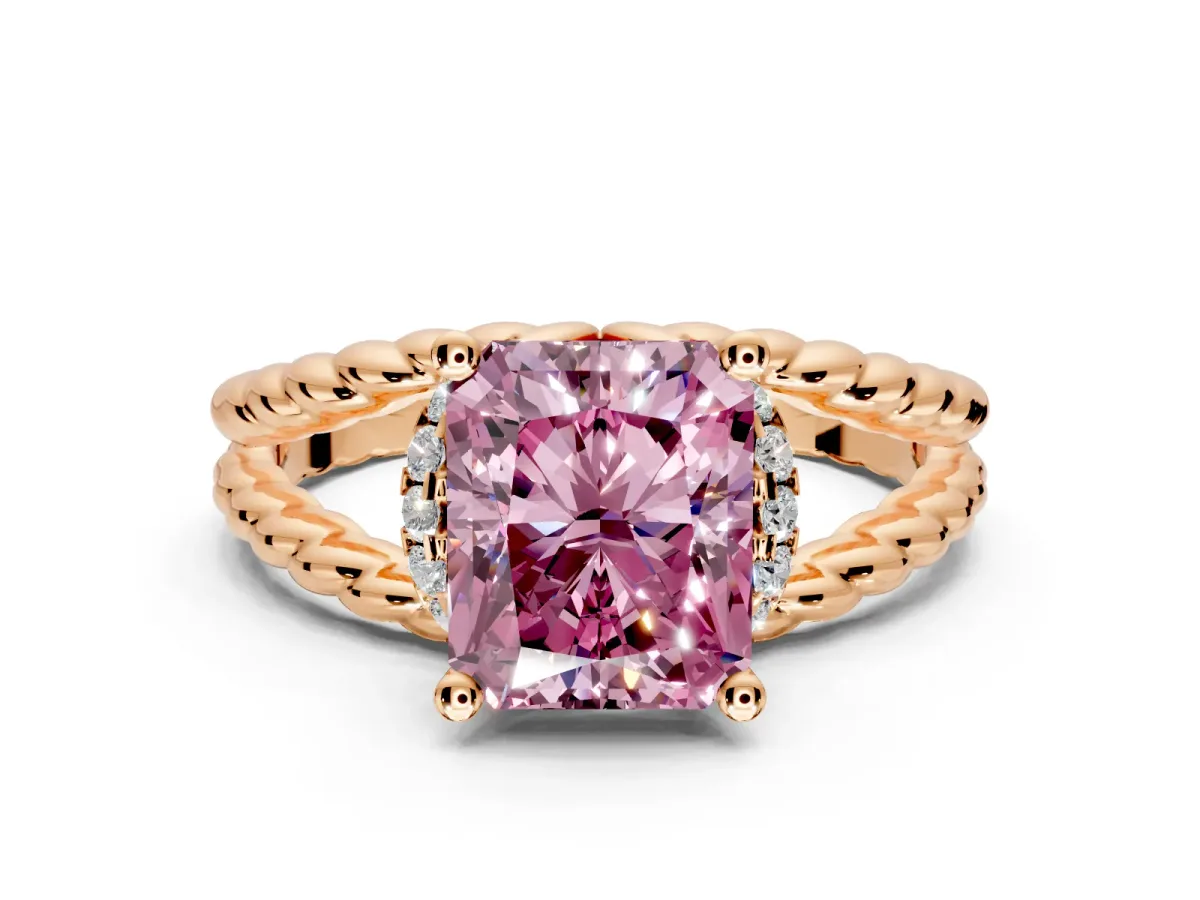Halo Engagement Ring Setting for Fancy Pink Radiant Cut Center with Rope Twist Split Shank and Prong Head in Rose Gold