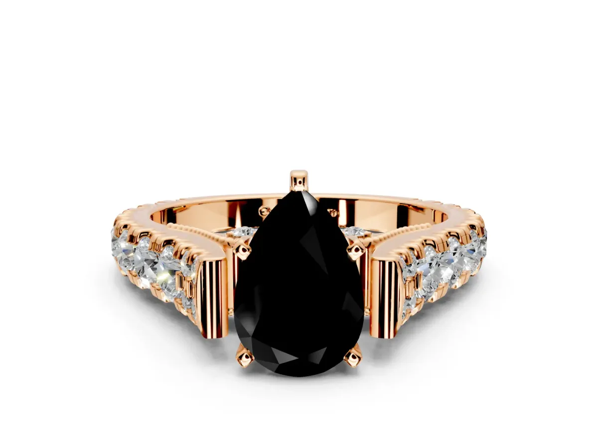 Solitaire Engagement Ring Setting for Fancy Black Pear-Shaped Center with Pave Cathedral Shoulders and Prong Head in Rose Gold