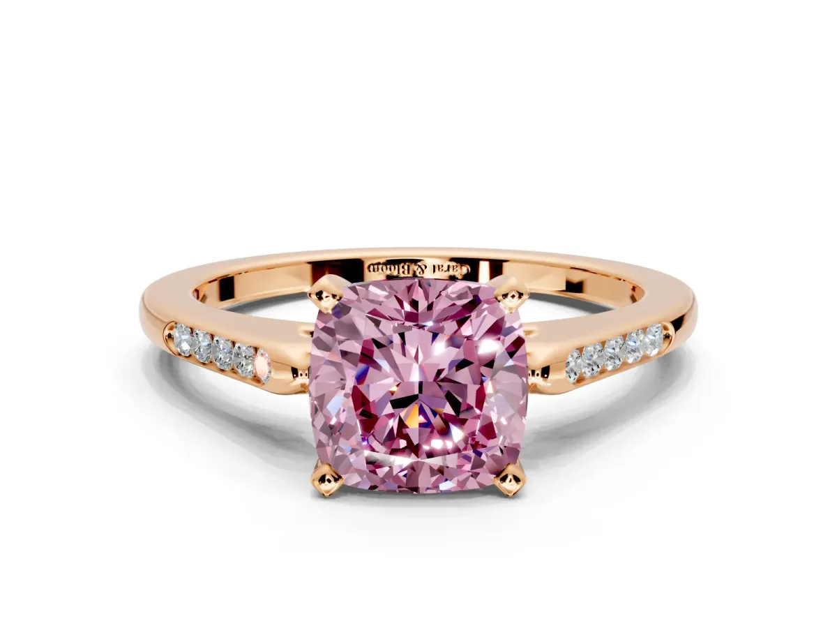 Solitaire Engagement Ring Setting for Fancy Pink Cushion Cut Center with Channel Accents and Prong Head in Rose Gold