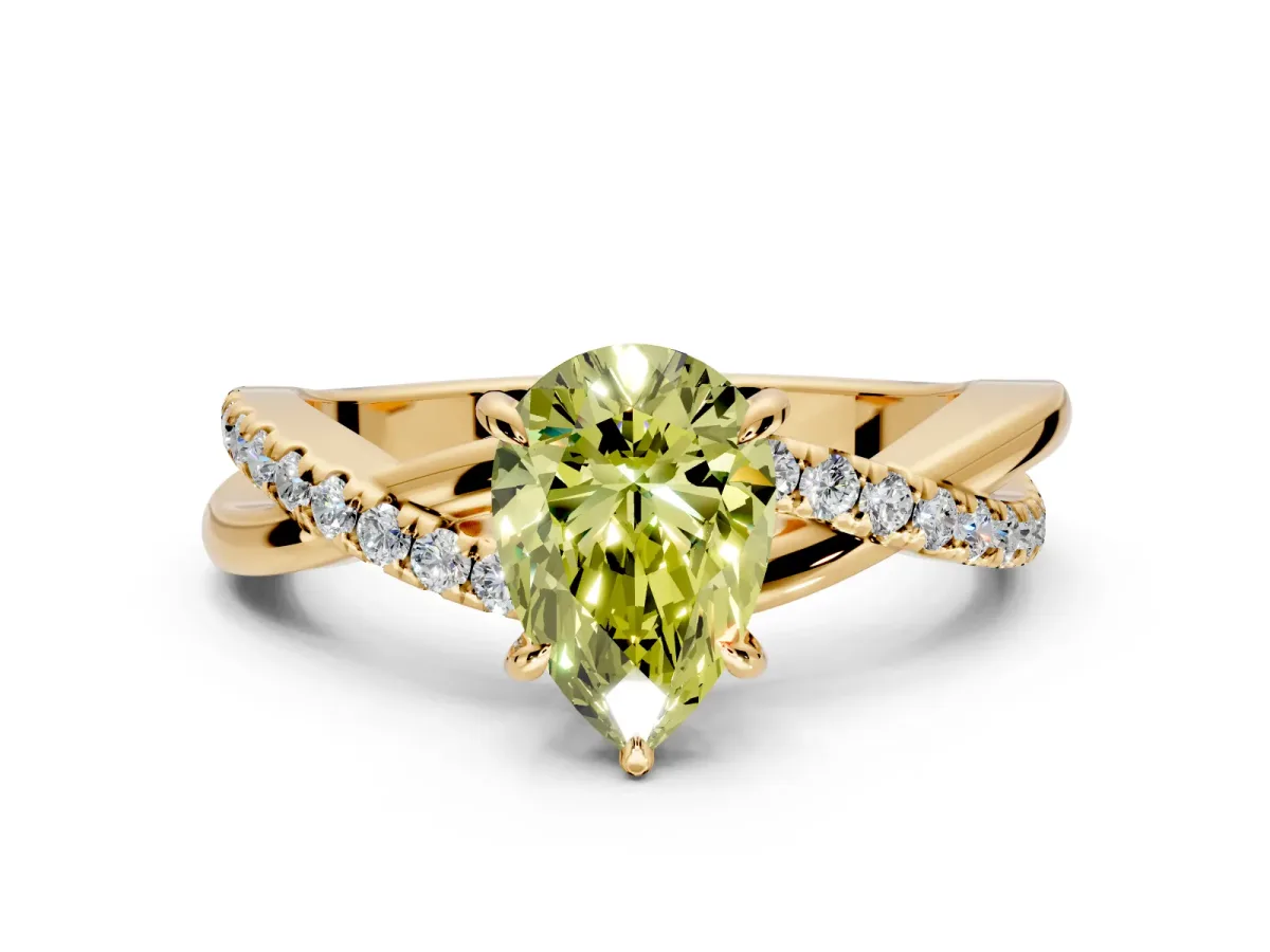 Crossover Engagement Ring Setting for Fancy Yellow Pear-Shaped Center with Pave and Plain Strands and Prong Head in Yellow Gold