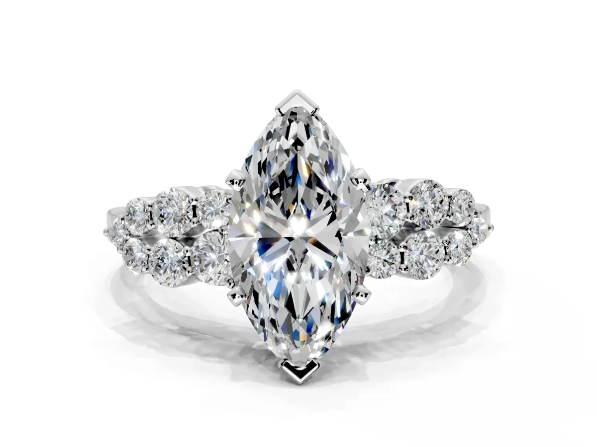 Cluster Engagement Ring Setting for Marquise Center with 2-Row Shoulder Clusters and Prong Head in Platinum