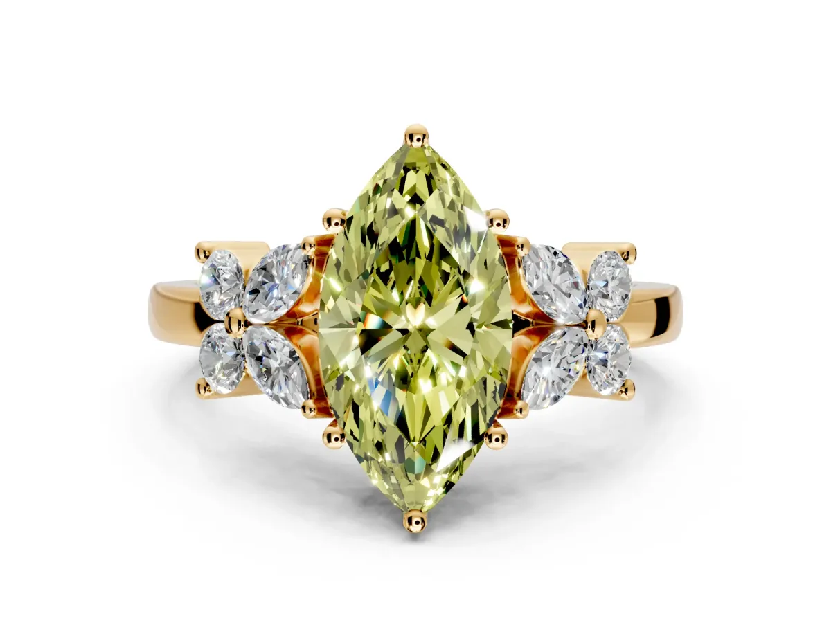Floral Engagement Ring Setting for Fancy Yellow Marquise Center with Marquise Cluster Shoulders and Prong Head in Yellow Gold