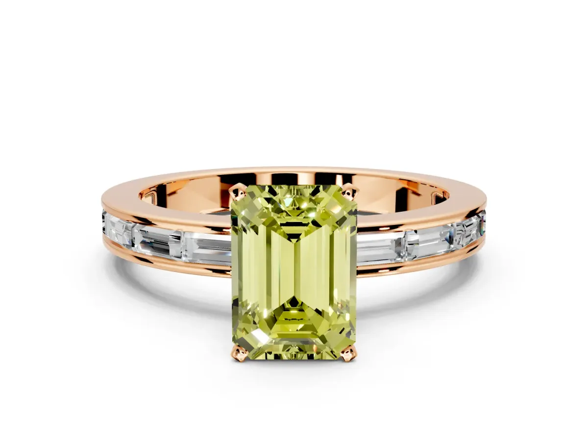 Solitaire Engagement Ring Setting for Fancy Yellow Emerald Cut Center with Channel Baguette Band and Prong Head in Rose Gold