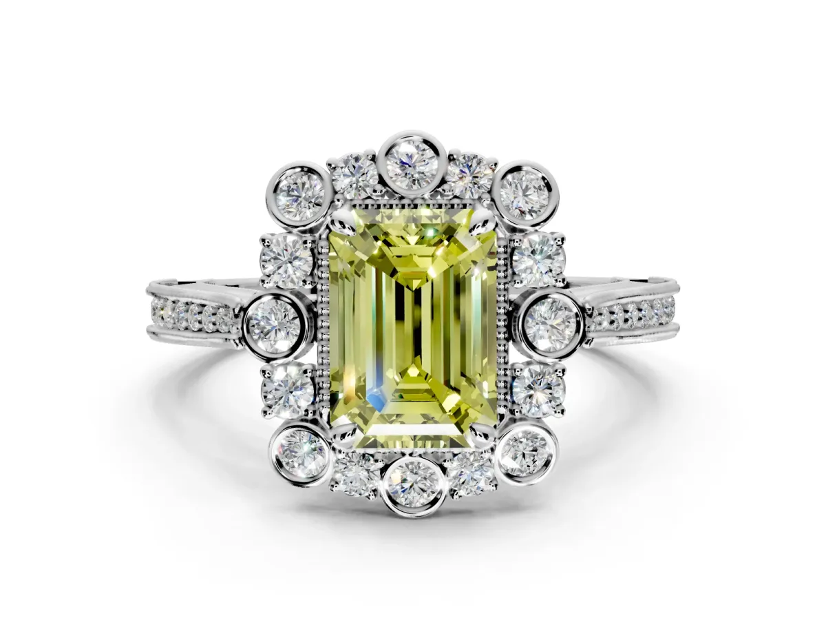 Milgrain Halo Engagement Ring Setting for Fancy Yellow Emerald Cut Center with Bezel Point Accents and Prong Head in White Gold