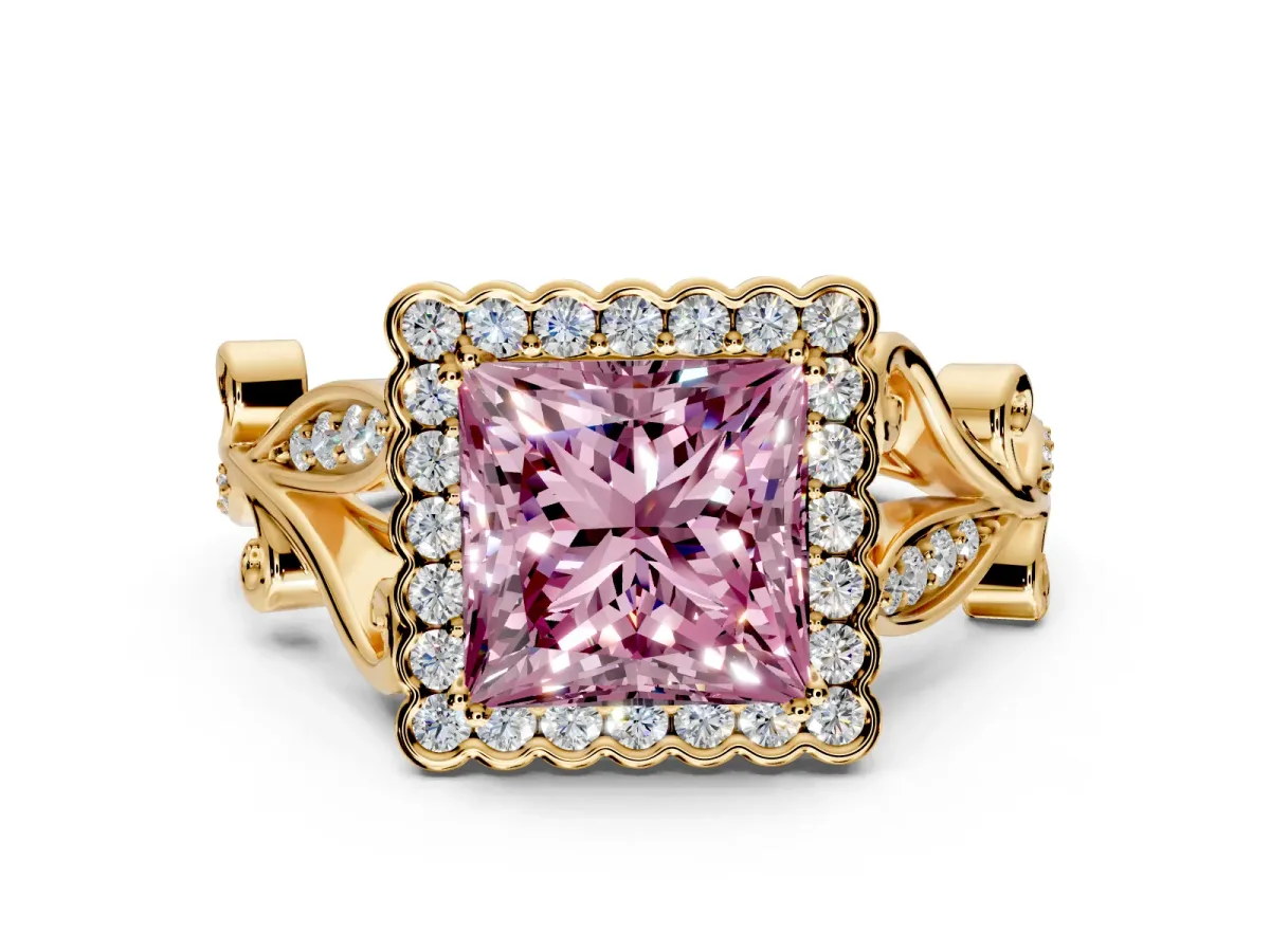 Halo Engagement Ring Setting for Fancy Pink Princess Cut Center with Leaf Motif Split Shank and Prong Head in Yellow Gold