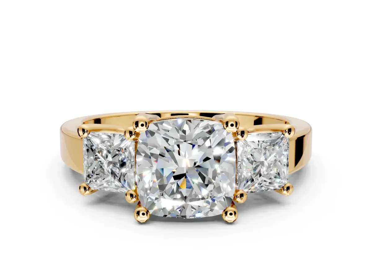 3 Stone Engagement Ring Setting for Cushion Cut Center with Matching Side Accents and Prong Head in Yellow Gold