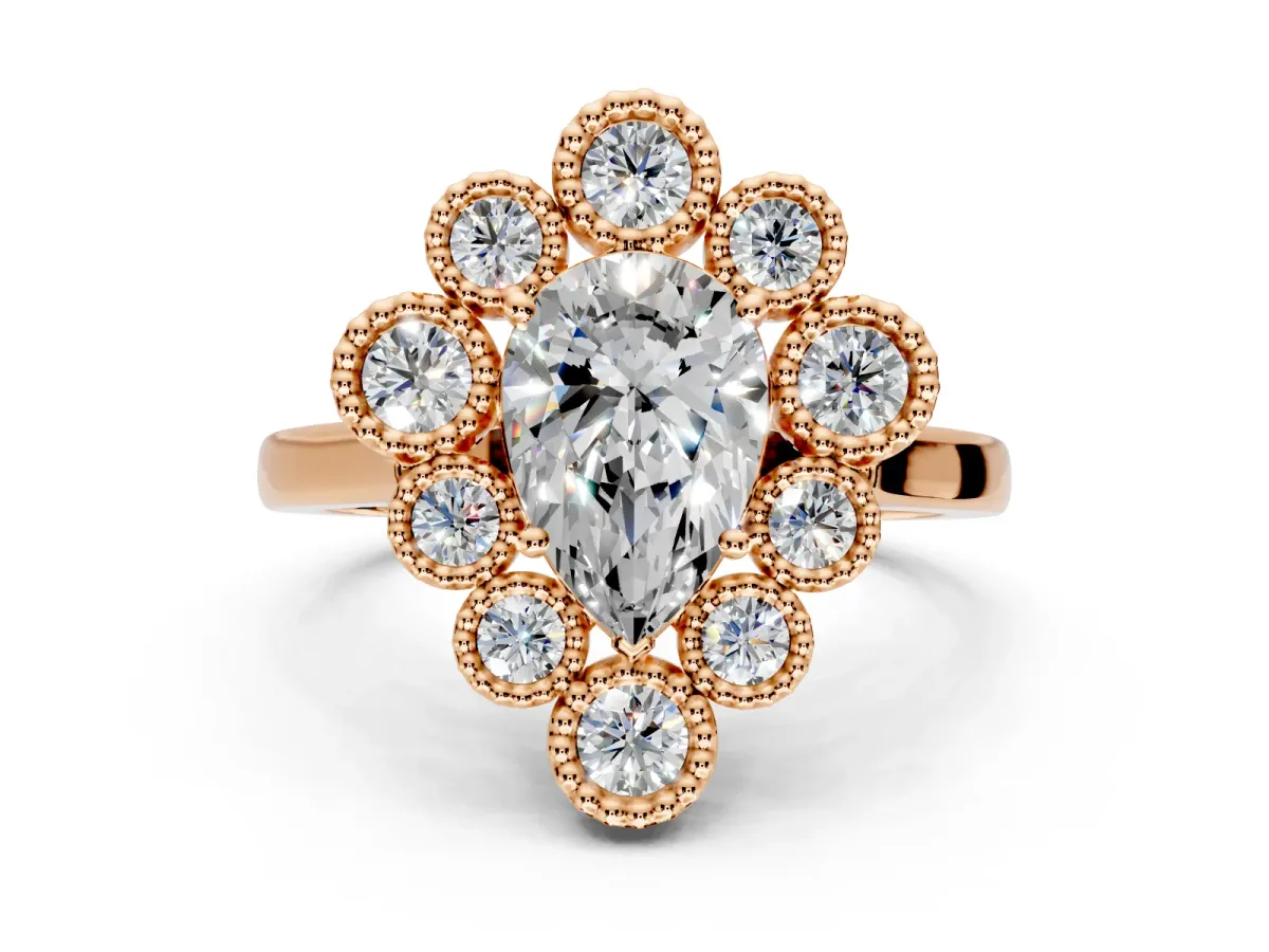 Cluster Halo Engagement Ring Setting for Pear-Shaped Center with Milgrain Bezel Accents and Prong Head in Rose Gold
