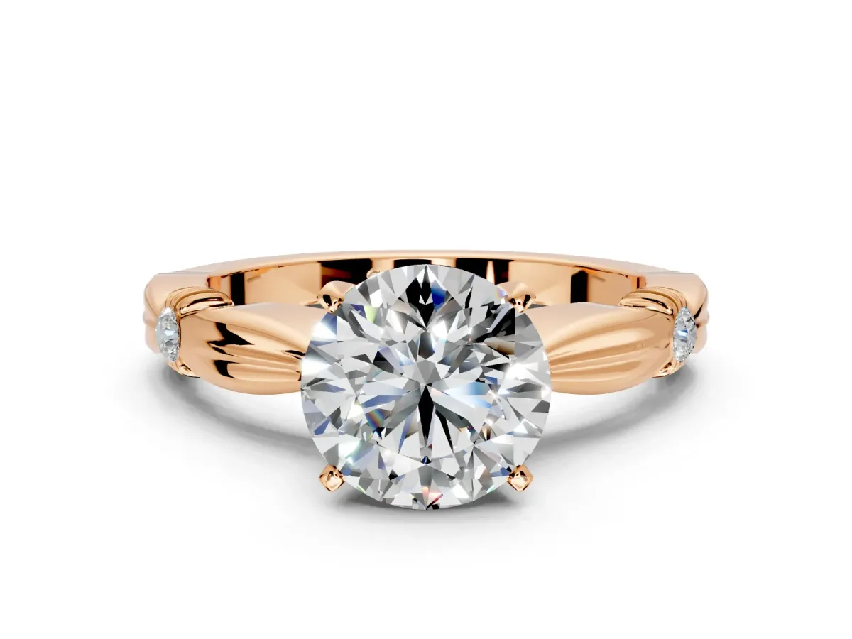 Solitaire Engagement Ring Setting for Round Cut Center with Carved Leaf Shoulders and Prong Head in Rose Gold