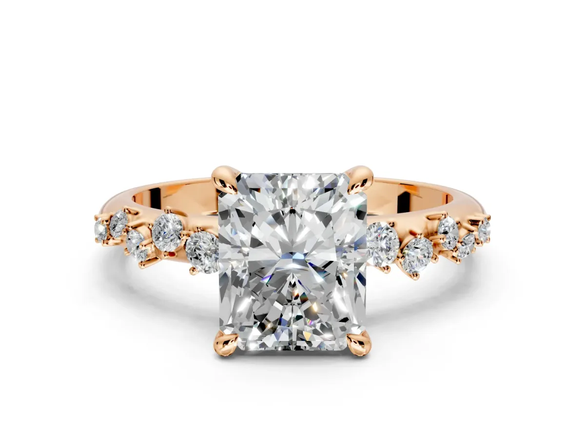 Solitaire Engagement Ring Setting for Radiant Cut Center with Trailing Leaf Accent Band and Prong Head in Rose Gold