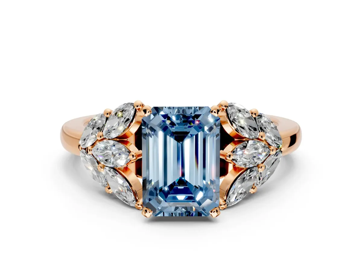 Leaf Cluster Engagement Ring Setting for Fancy Blue Emerald Cut Center with Marquise Accents and Prong Head in Rose Gold