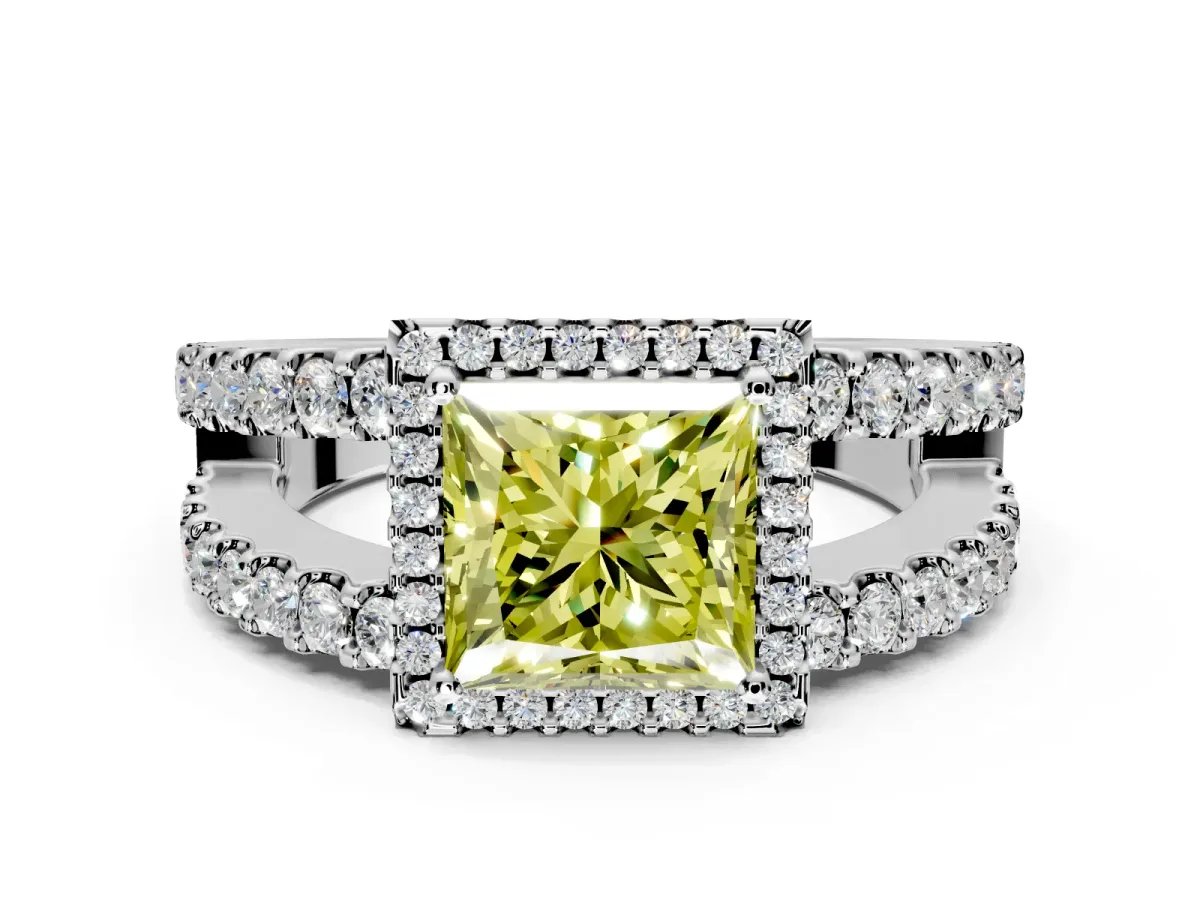Halo Engagement Ring Setting for Fancy Yellow Princess Cut Center with Wide-Open Pave Split Shank and Prong Head in Sterling Silver