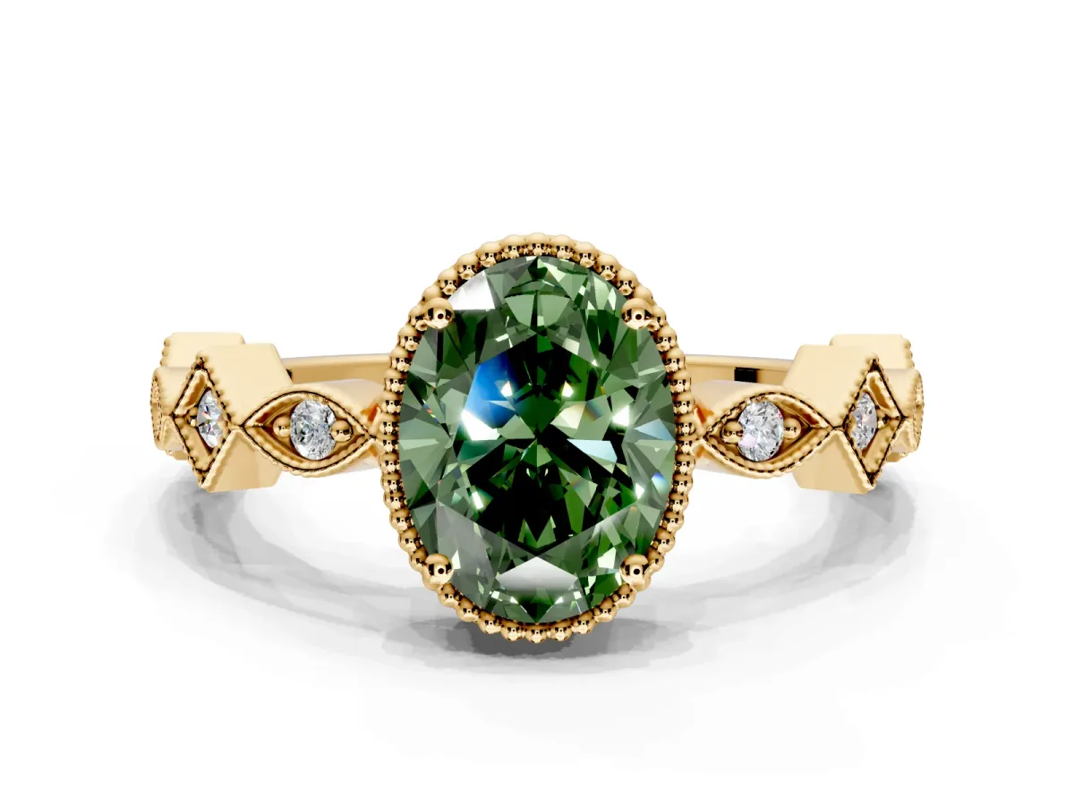 Milgrain Bezel Engagement Ring Setting for Fancy Green Oval Center with Marquise Stations and Bezel Head in Yellow Gold