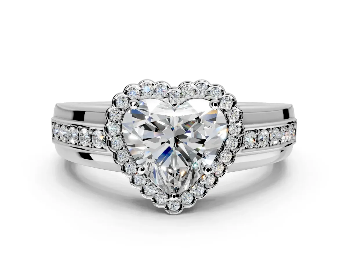 Halo Engagement Ring Setting for Heart-Shaped Center with Wide Band, Inlaid Accent Row and Prong Head in Platinum